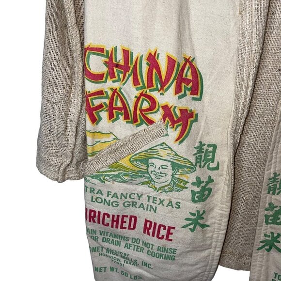 Mens Blazer Size Medium Tan Upcycled Burlap Rice Bag Pockets Open Front - Picture 10 of 10